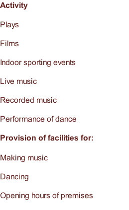 Activity  Plays  Films  Indoor sporting events  Live music  Recorded music  Performance of dance  Provision of facilities for:  Making music  Dancing  Opening hours of premises
